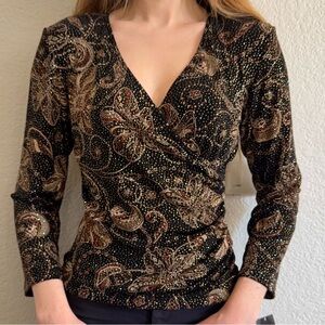 Vintage Whimsigoth Sparkle Paisley Quarter Sleeve Blouse with Rushing